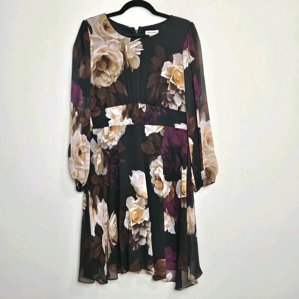 Calvin Klein Women's Dress Sz 12 Chiffon Shirred Waist Blouson Sleeve Floral‎